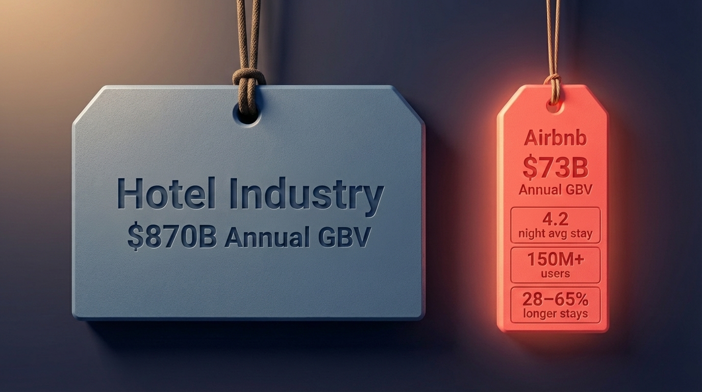 Infographic comparing hotel industry revenue vs Airbnb bookings with key statistics on stay length and guest volume