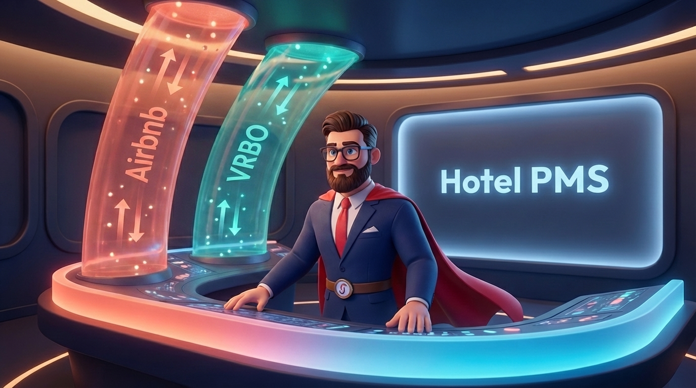 Diagram showing hotel PMS connected to Airbnb VRBO and other vacation rental channels through channel management technology