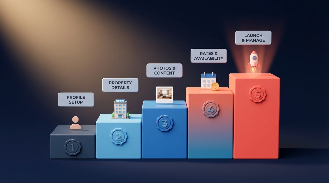 Step-by-step infographic showing how to list a hotel on Airbnb in five stages