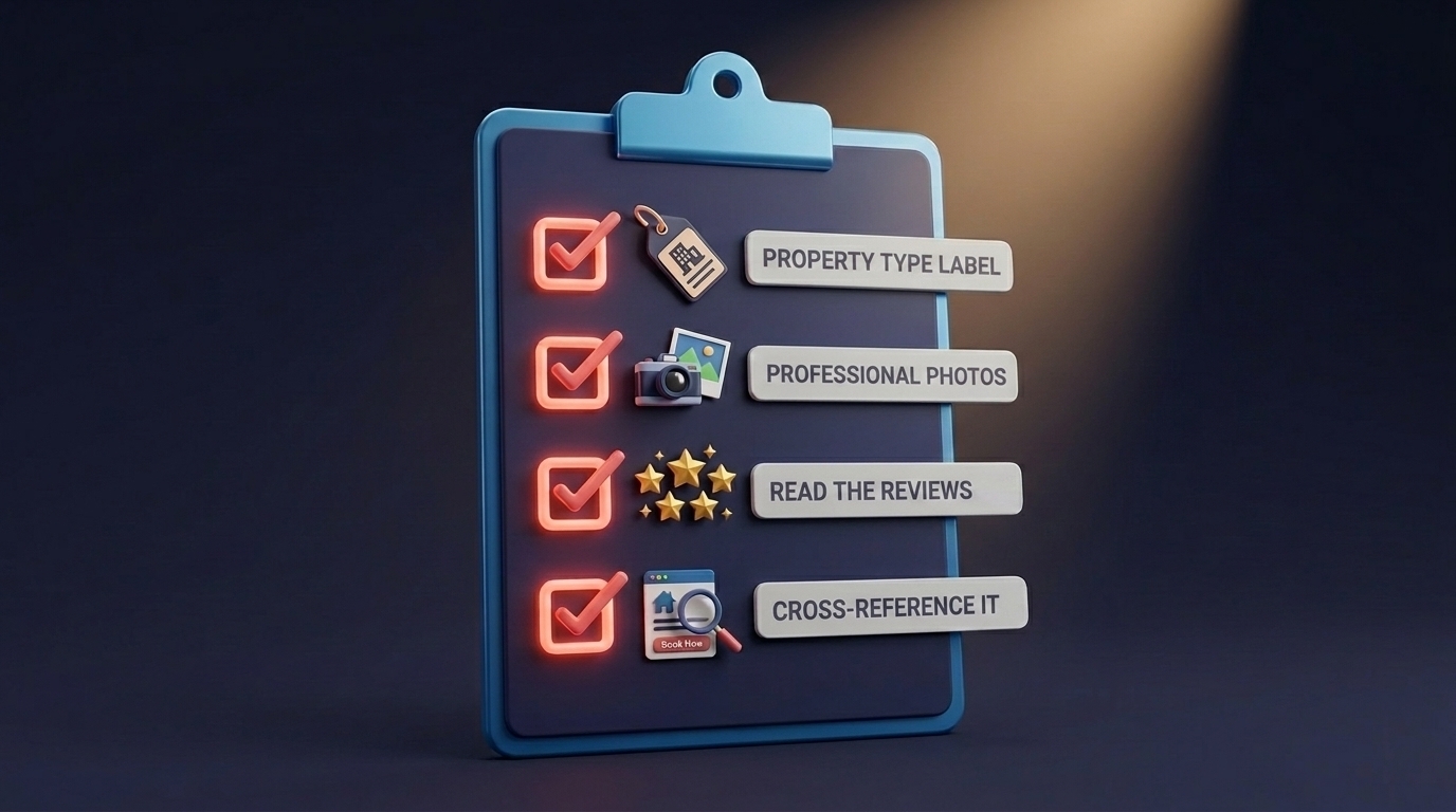 Four steps to verify if an Airbnb hotel listing is legit including badges, photos, reviews, and cross-referencing