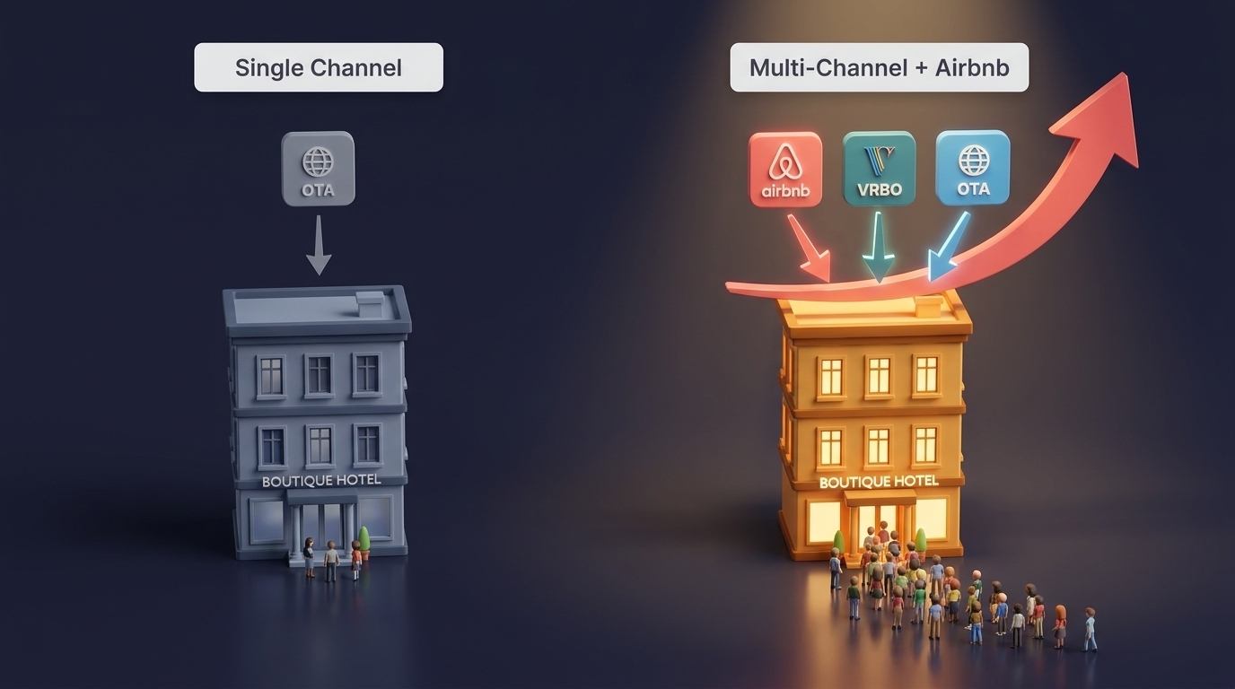 Comparison infographic of traditional hotel distribution versus selling hotel rooms on Airbnb for expanded revenue