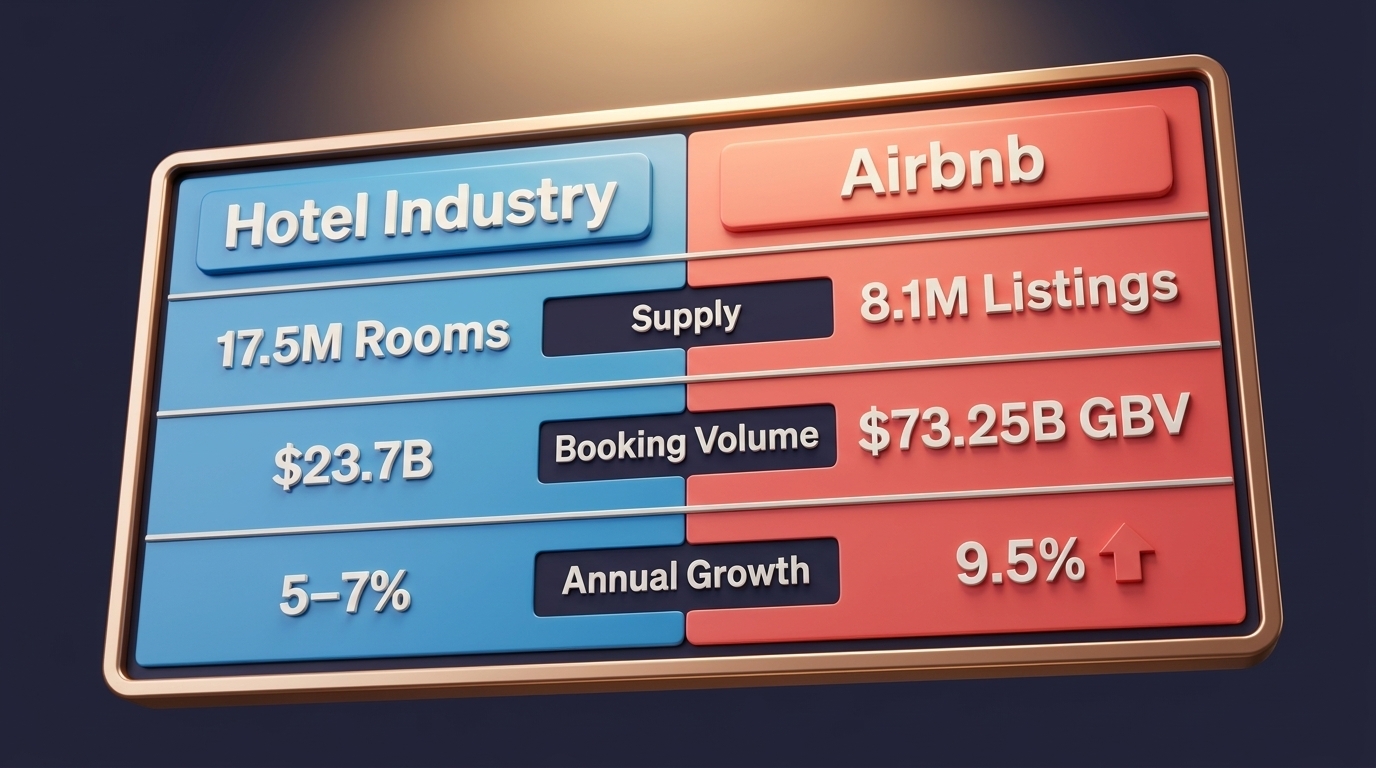 Infographic comparing Airbnb vs hotel market share and statistics showing industry growth trends