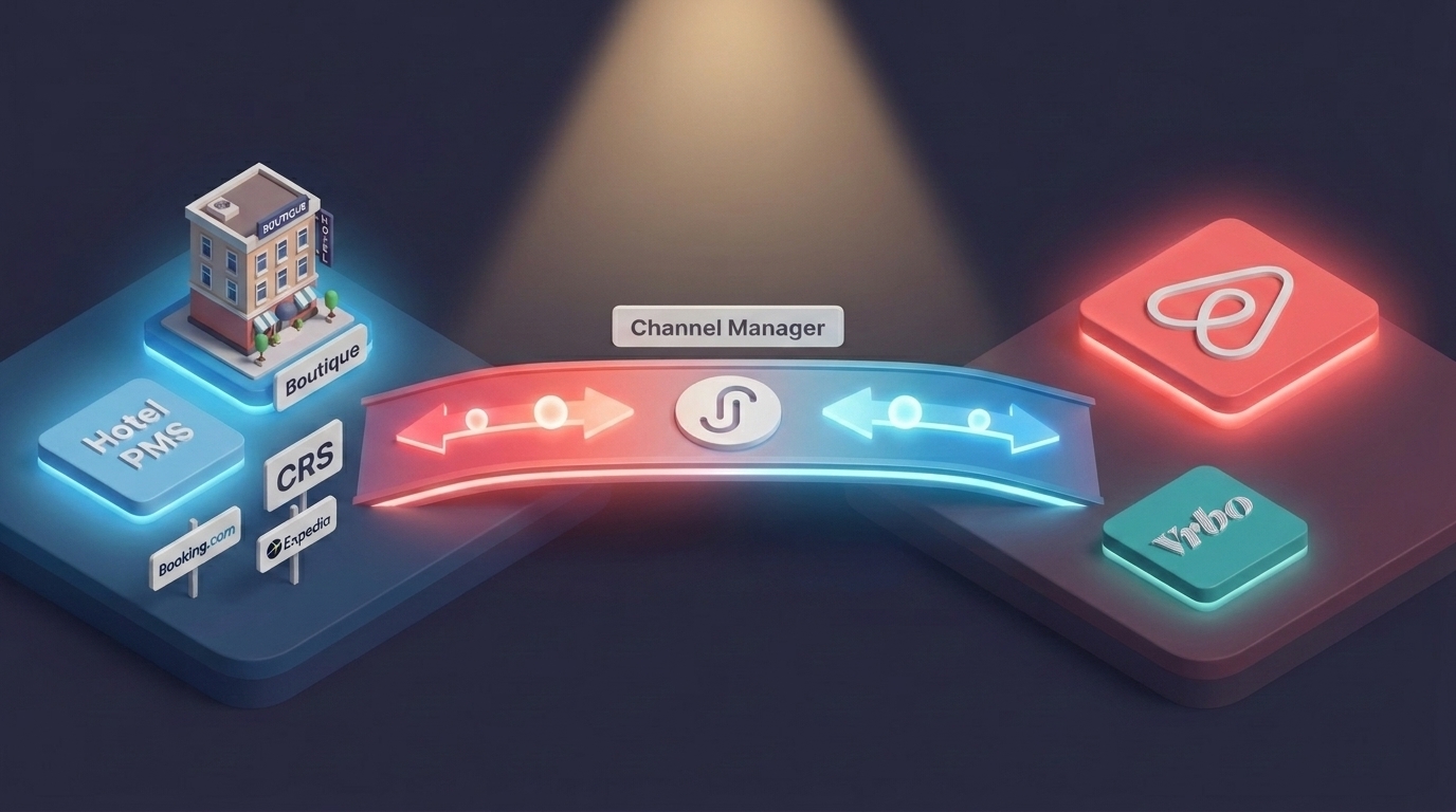Diagram showing how channel managers enable the convergence of the hotel industry and Airbnb distribution