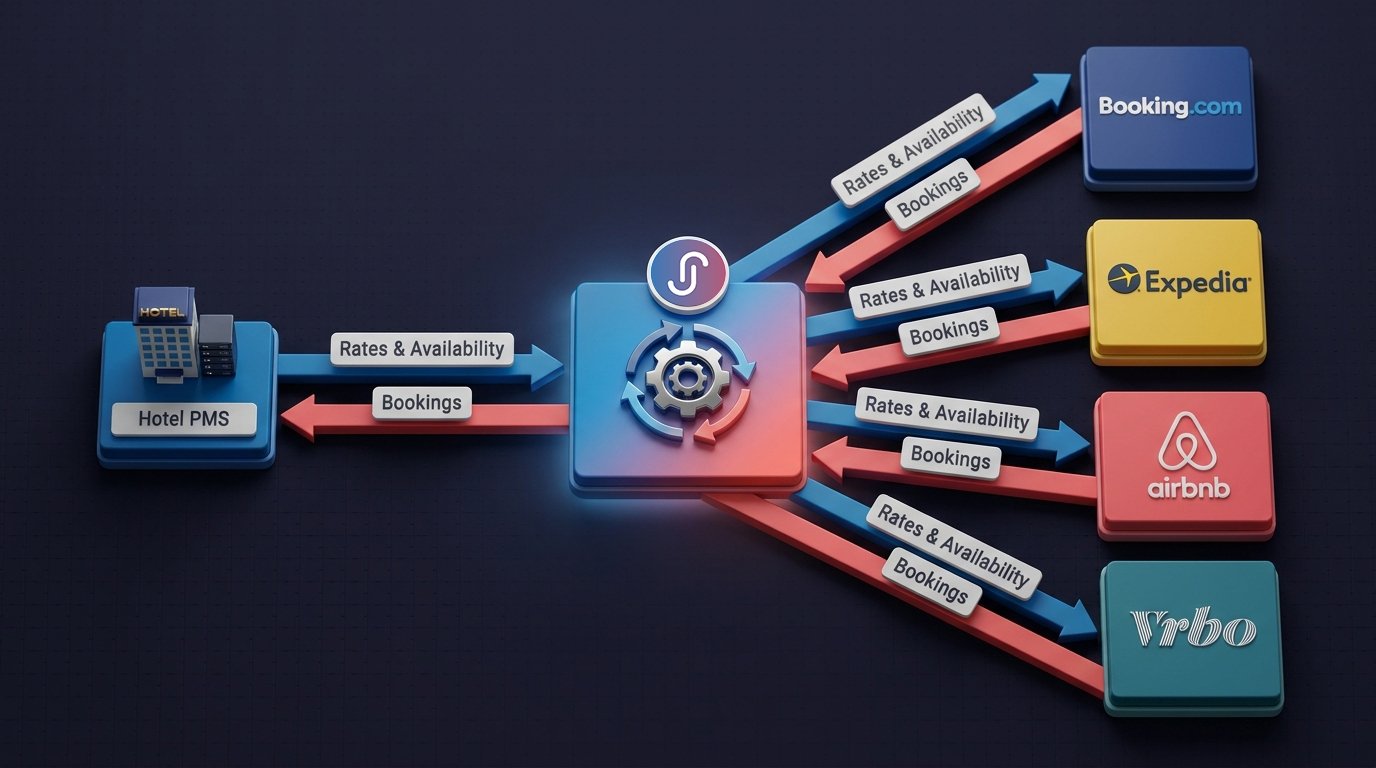 Diagram showing how an OTA channel manager synchronizes rates, availability, and bookings between a hotel PMS and distribution platforms