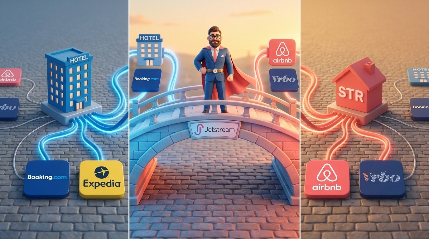 Illustration showing three approaches to hotel channel management for Airbnb and VRBO distribution