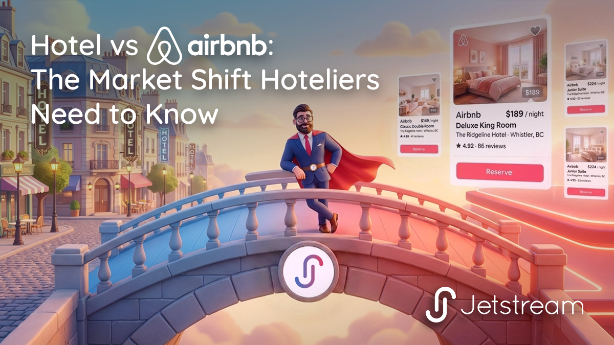 Infographic comparing hotel industry revenue vs Airbnb bookings with key statistics on stay length and guest volume