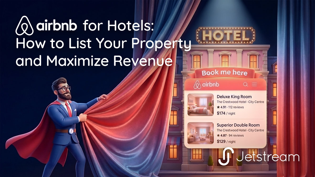 Airbnb for hotels illustration showing a boutique hotel listing on a vacation rental platform