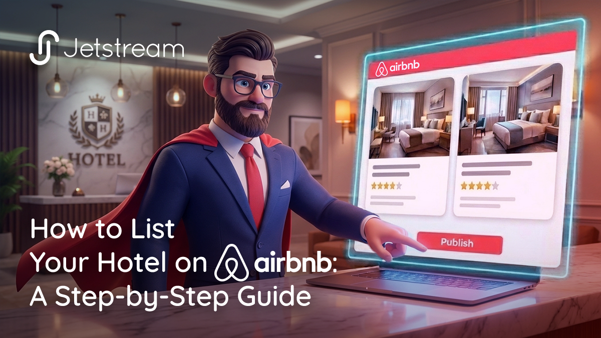 Hotel operator setting up how to list hotel on Airbnb at a boutique hotel front desk