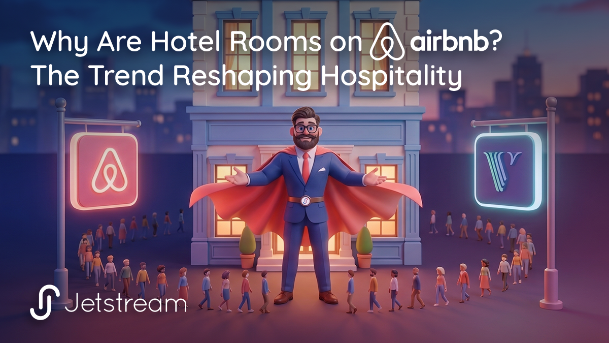Illustration showing why hotel rooms on Airbnb are a growing trend with guests flowing from Airbnb to a boutique hotel