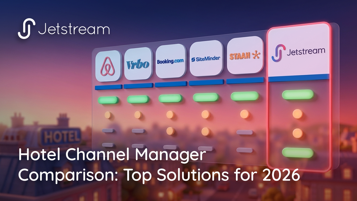 Stylized hotel channel manager comparison chart showing six vendor platforms side by side with capability indicators across PMS depth, channel coverage, Airbnb fit, and pricing model